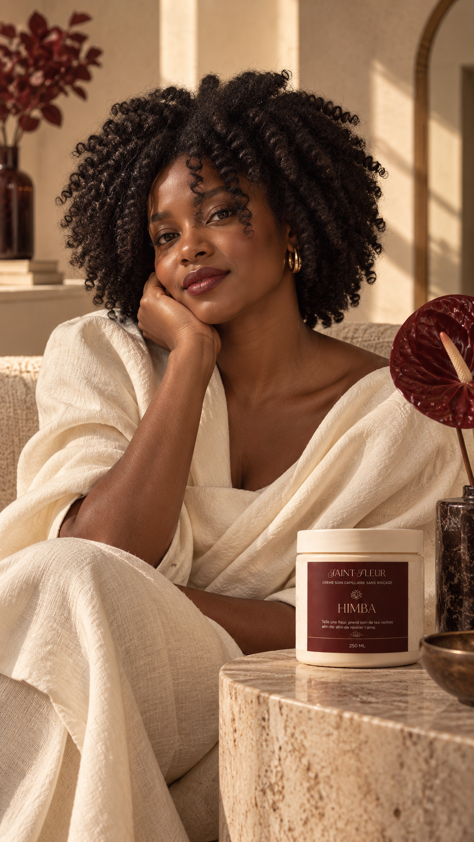 Femme noire aux cheveux crépus en twist-out avec le soin HIMBA Saint-Fleur sur une table en travertin