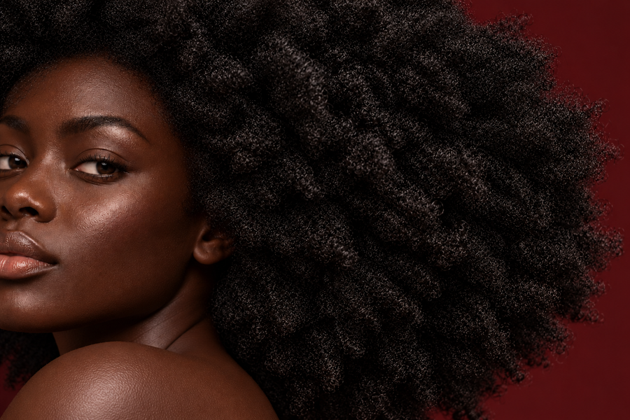 Femme noire à la peau foncée portant ses cheveux crépus naturels 4C en afro